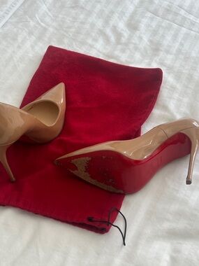 Christian Louboutin Nude Patent Pointed-Toe Pumps with Red Sole